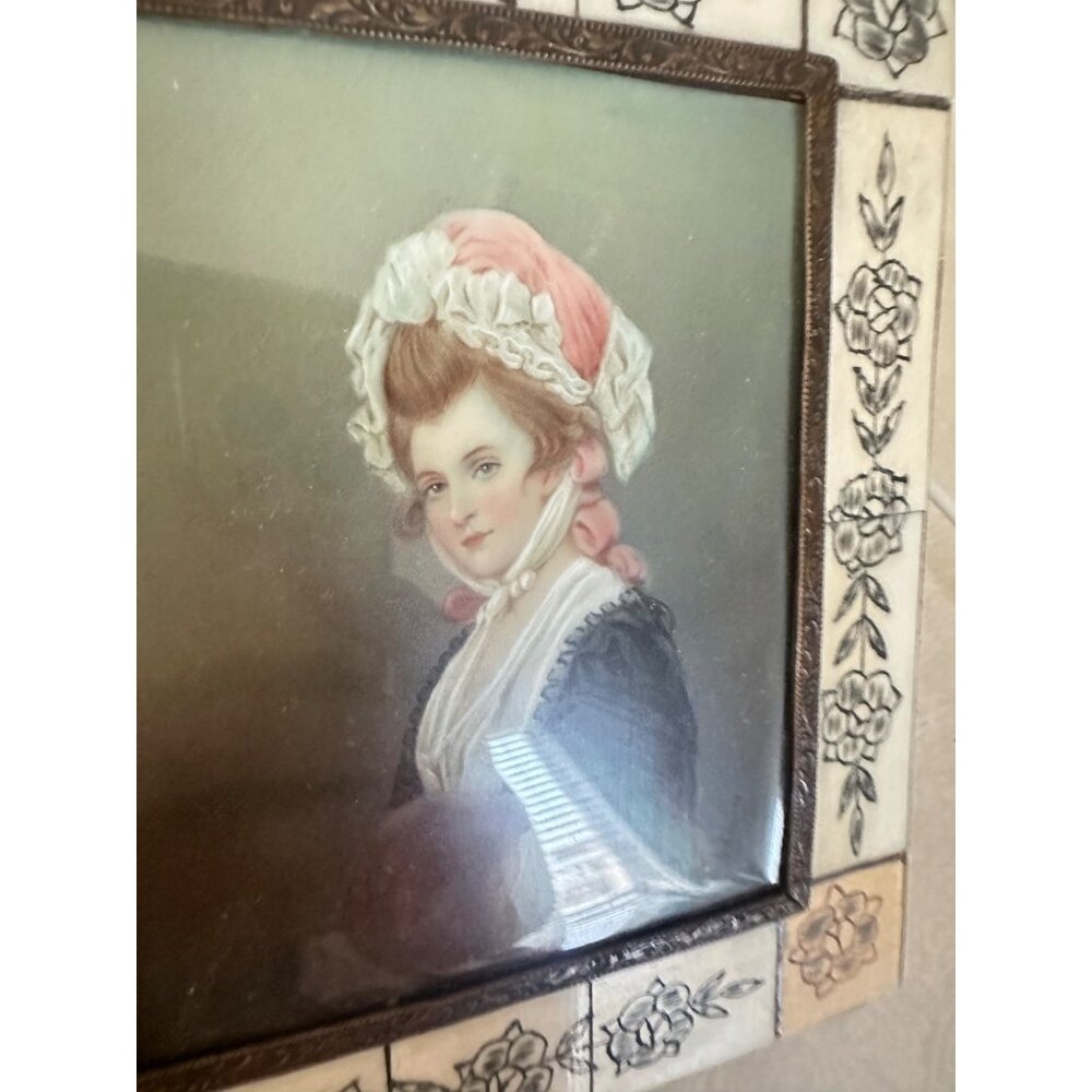 Antique 1800s hand painted Mary Robinson portrait porcelain in ivory frame - Picture 8 of 10